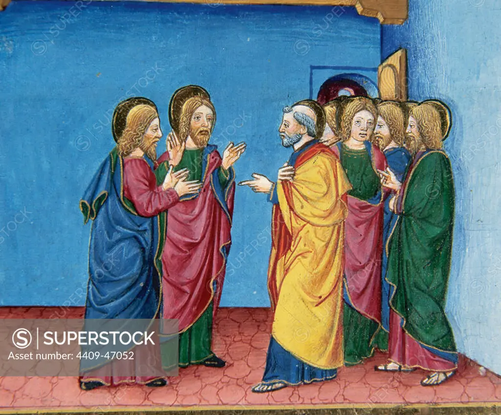 The disciples are convinced the Jesus is dead. Codex of Predis (1476). Royal Library. Turin. Italy.