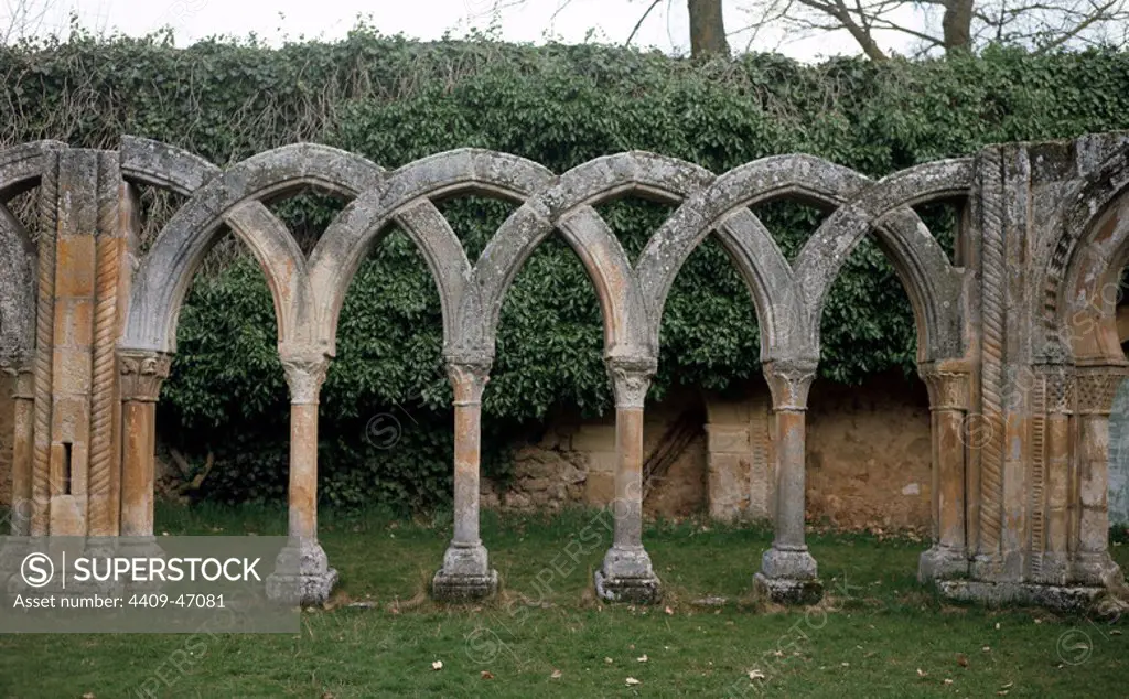 Romanesque Art. San Juan de Duero. View the intertwined arches of the cloister. XIII century. It contains elements of Romanesque, Gothic, Mudejar style and oriental influences. It was declared a National Monument in 1882. Soria. Castile and Leon. Spain.