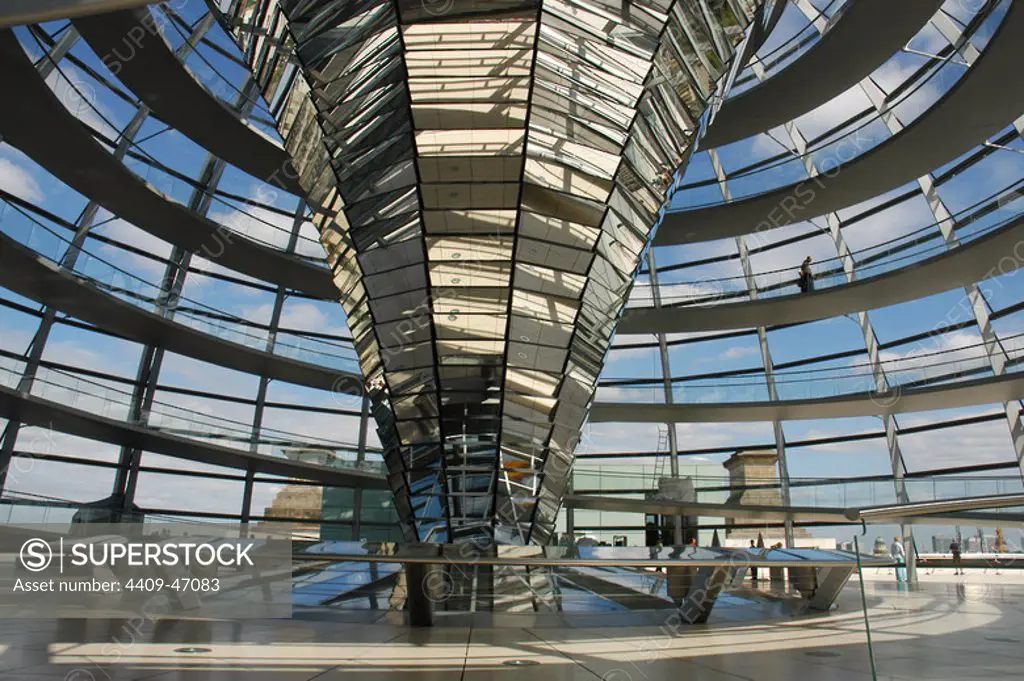 Dome of the Reichstag, seat of the German Parliament, designed by Norman Foster (b.1935). Interior. Berlin. Germany.