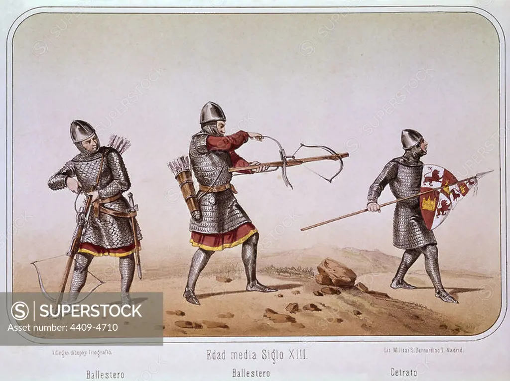 Crossbowmen and soldier with a spear in the 13th century. Madrid, Military historical archives. Author: JOSE RUBIO DE VILLEGAS. Location: ARCHIVO HISTORICO MILITAR. MADRID. SPAIN.