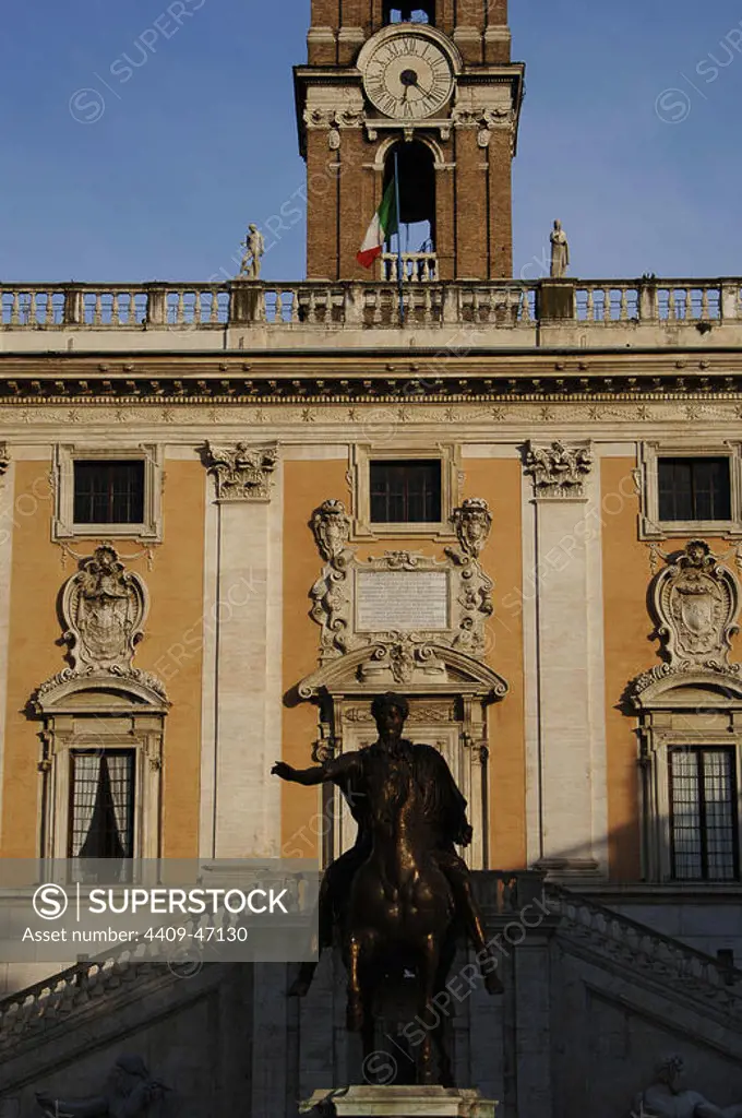 Italy. Rome. Senatorial Palace (City Hall). 13th - 14th centuries. First, equestrian statue of emperor Marcus Aurelius. Campidoglio Square.