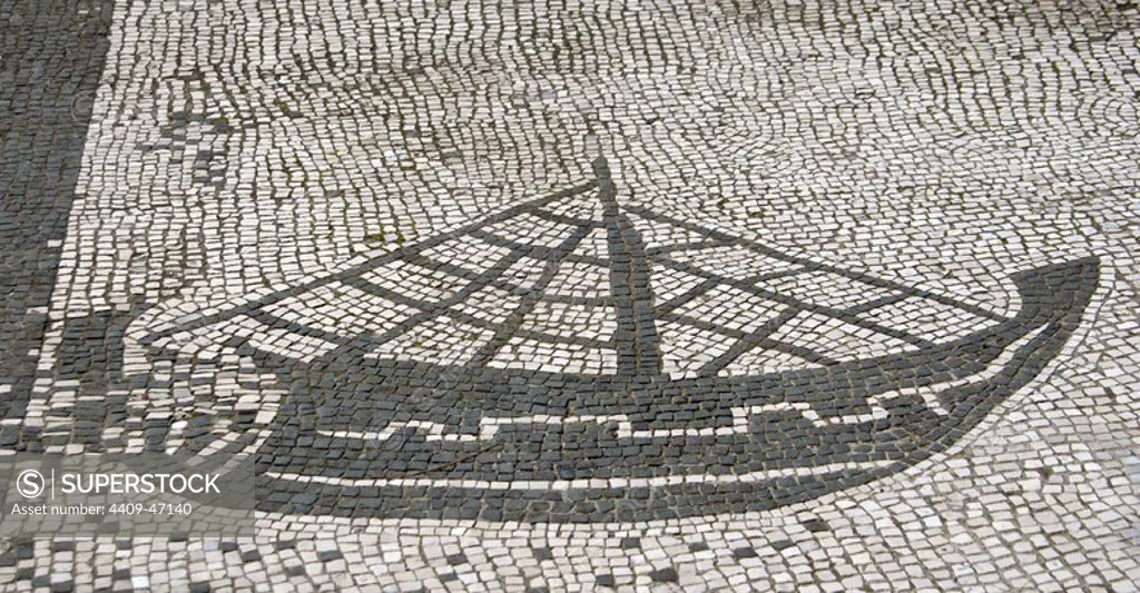 Ostia Antica. Square of the Guilds or Corporations. Mosaic depicting a ship. Detail. Near Rome.