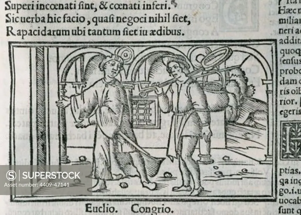 Titus Maccius Plautus (250-184). Latin playwright. Aulularia. Act I. Euclio and Congrio. Engraving. 1518.