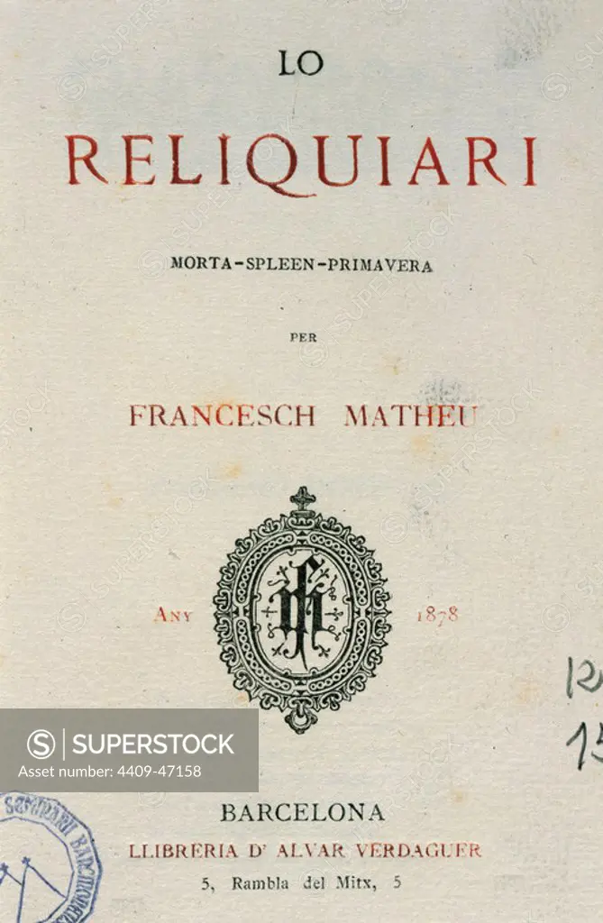 Francesc Matheu Fornells (1851-1938). Spanish writer. The Reliquiary (Lo Reliquiari). First edition, Title cover. Barcelona, 1878.