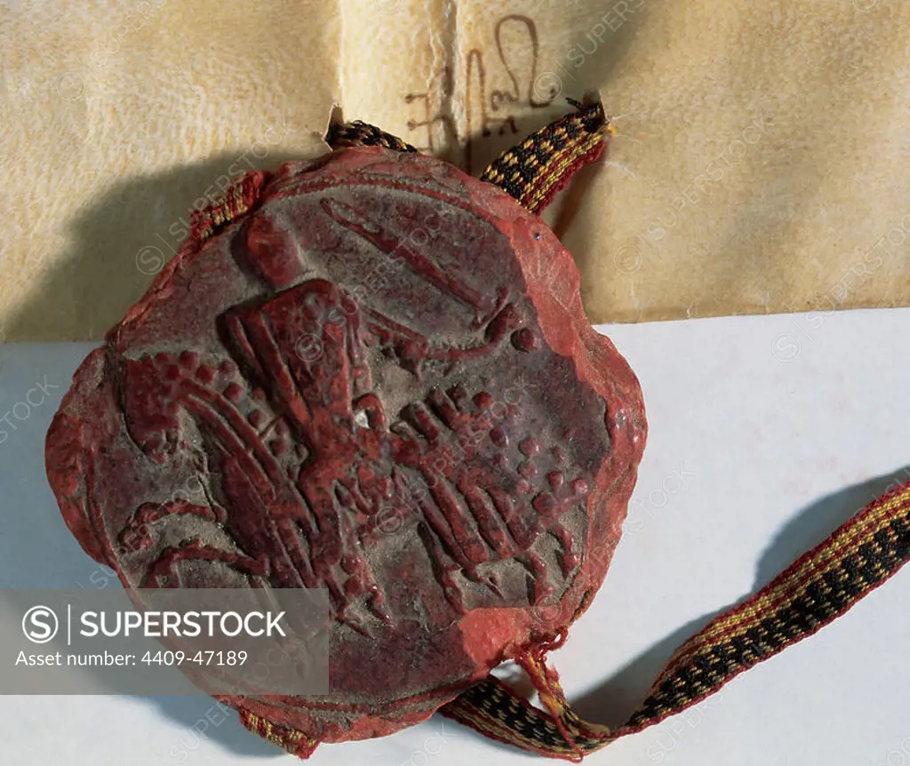 Jaume I of Urgell (1320-1347). Count of Urgell. Red wax seal belonging to a manuscript of 1346 with depiction of his figure. Catalonia. Spain. Arxiu Comarcal de la Noguera, Balaguer, Catalonia, Spain.