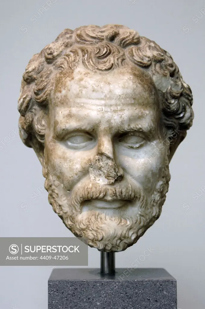Roman Art. Imperial Period. Demosthenes (384-322 b.C). Greek statesman and orator of ancient Athens. Marble head (2nd century b.C.). Copy of an original by Polyeuktos. Metropolitan Museum of Art. New York. United States.