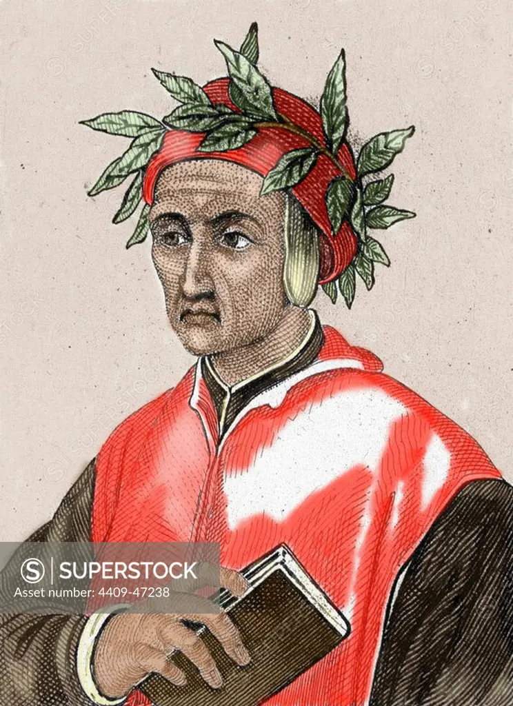 Dante Alighieri (1265-1321). Italian poet. Colored engraving.