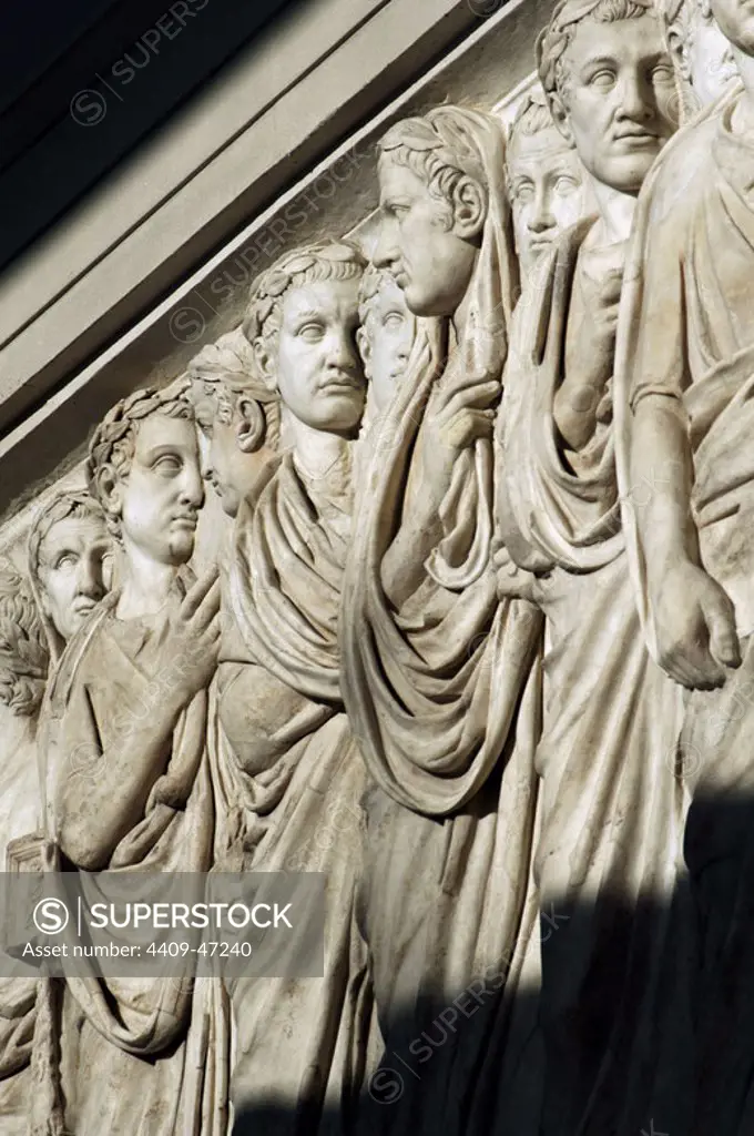 Roman Art. Italy. Ara Pacis Augustae. Processional frieze. Detail. Relief. Original North side. Dated 13th century BC. Museum of the Ara Pacis. Rome. Italy.