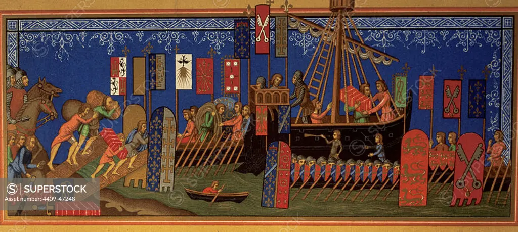 The Crusades. Shipment the Knights of The Order of the Holy Ghost to the Holy Land. "Status of l'Ordre du Saint Esperit of Naples". Facsimile. 14th century manuscript. National Library of Paris. France.