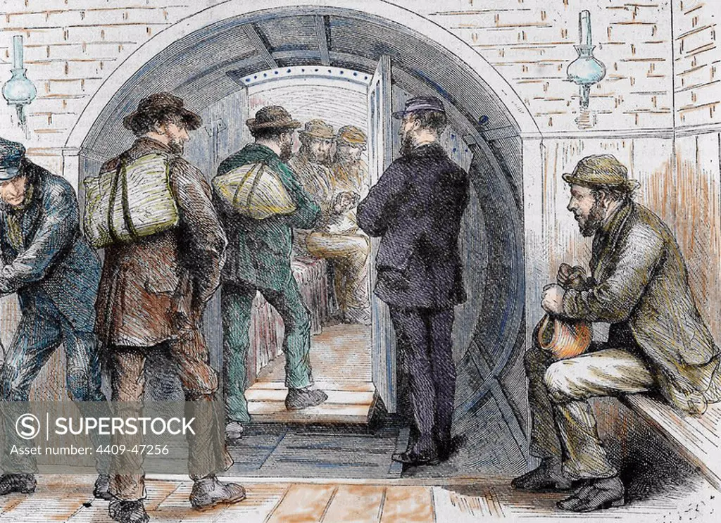 Tunnel in London. Workers going to their jobs. Colored engraving in "The Spanish and American Illustration", 1870.