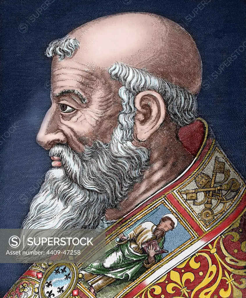 Paul III (Rome ,1468-Canino, 1549). Italian pope (1534-1549), born Alessandro Farnese. Favored the Renaissance movement and in 1540 approved the Company of Jesus. Engraving. Colored.