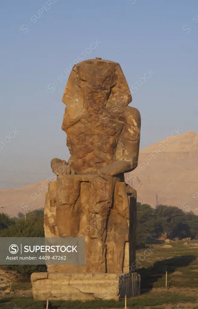Colossi of Memnon. Stone statues depicting pharaoh Amenhotep III (14th century B.C.) in a seated position. Western colossus. Eighteenth Dynasty. New Kingdom. Luxor. Egypt.