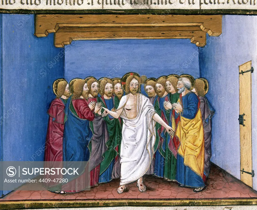 The risen Jesus appears to his disciples gathered in a house for fear of the Jews. Codex of Predis (1476). Royal Library. Turin. Italy.