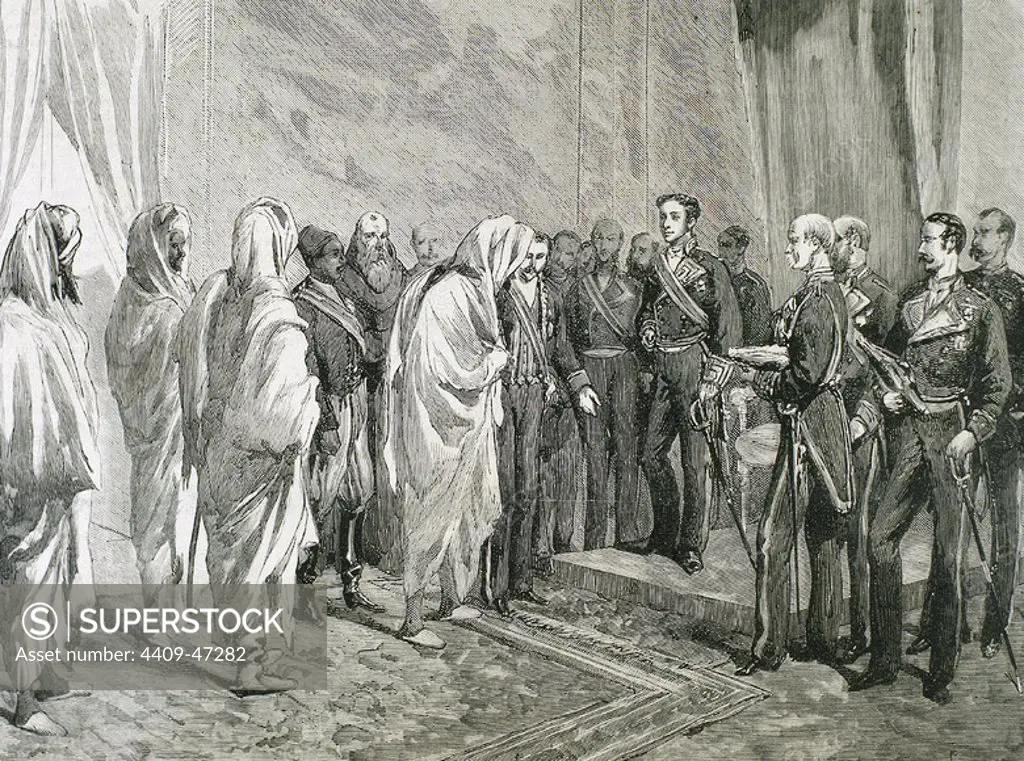 Amadeo I (1845-1890). Duke of Aosta and King of Spain (1871-1873). King Amadeo receiving the congratulations of the Moroccan embassy headed by Mohammed IV, on 20 March 1872. Recorded by A. Carter.