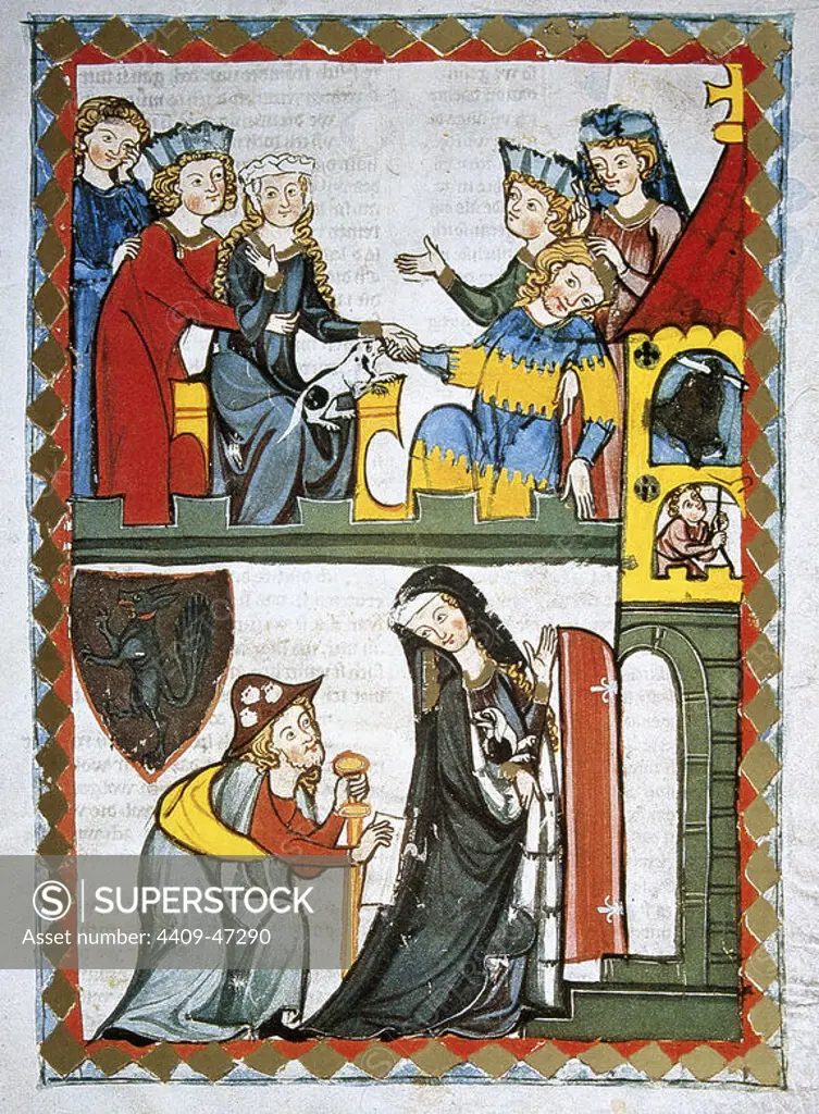 Johannes Hadlaub, Swiss poet. Below: the poet disguised as a pilgrim after a woman who is entering the church. Top: the lady consoles the poet who is unwell. Codex Manesse (ca.1300) by Rudiger Manesse and his son Johannes. Miniature. Folio 371r. University of Heidelberg. Library. Germany.