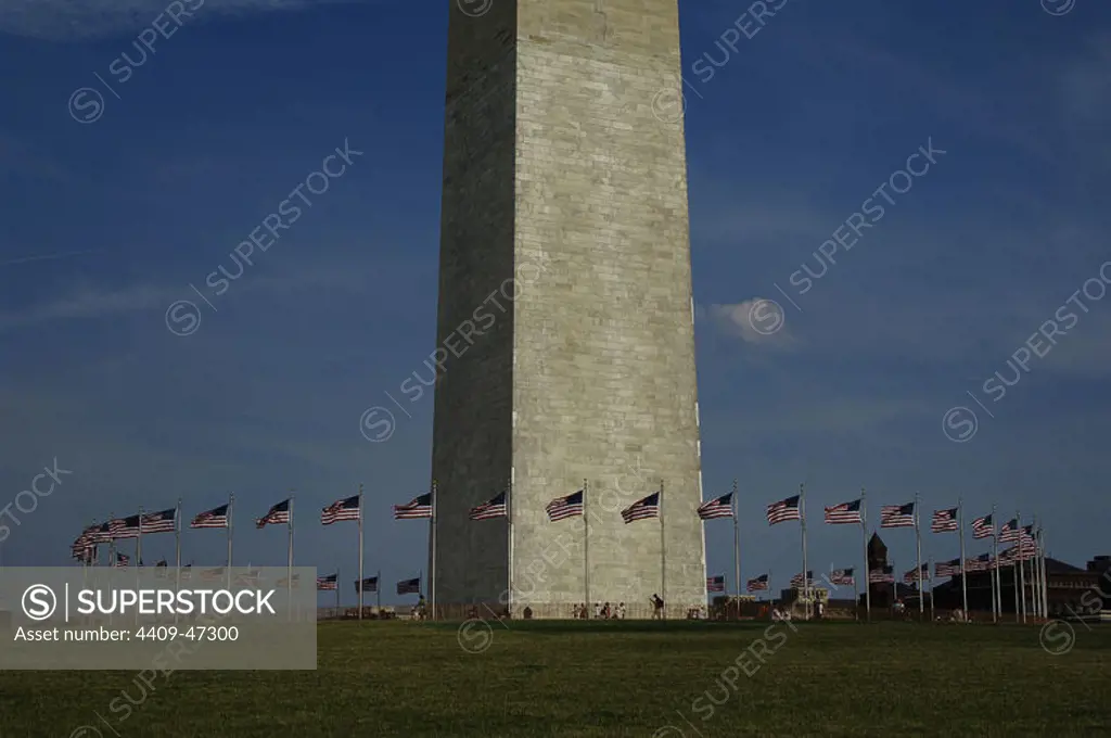 United States. Washington D.C. Washington Monument. Obelisk built to commemorate the first U.S. President, George Washington (1732-1799). National Mall.