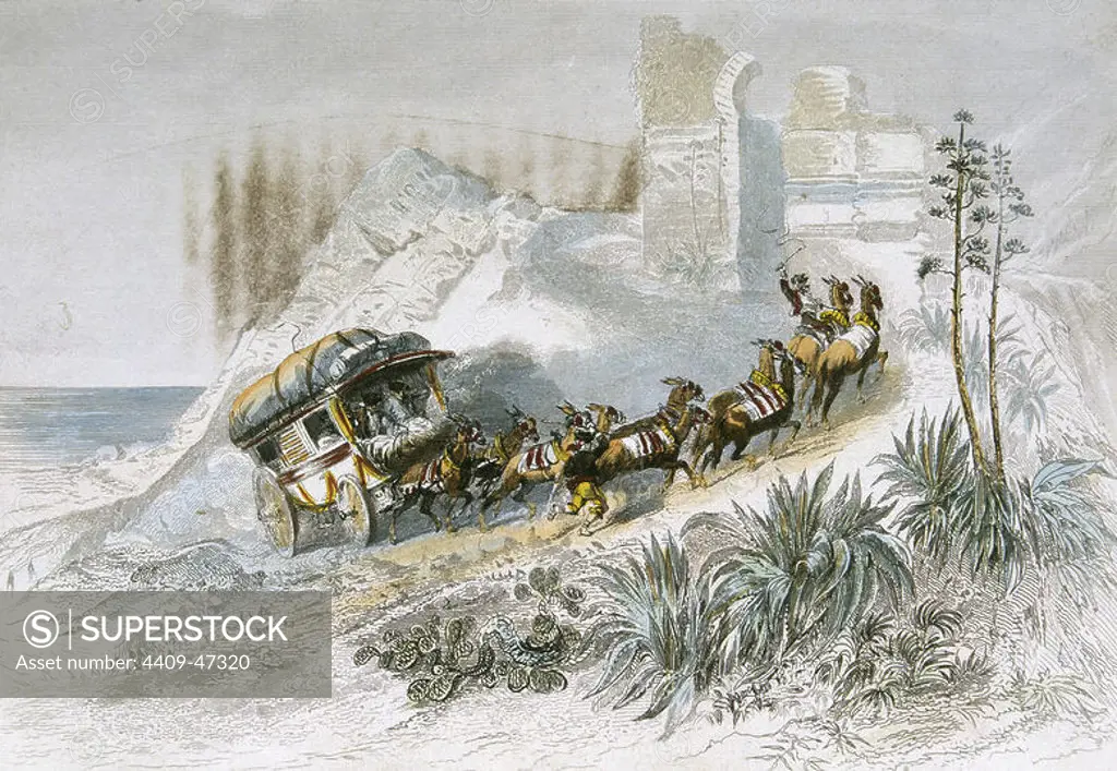 Bandits assaulting a stagecoach. Engraving. 19th century.