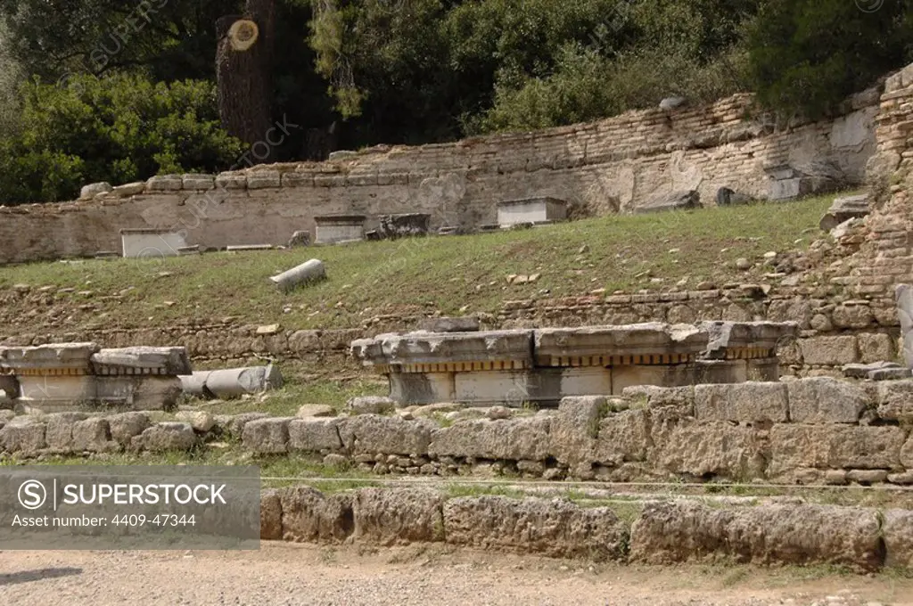 Greece. Olympia. Nymphaeum of Herodes Atticus.ca.160 AD. Roman period. View of ruins. Elis Region, Peloponnese.