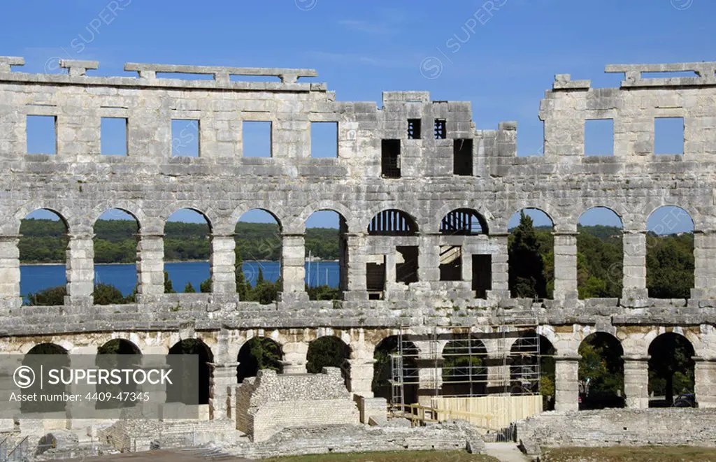 CROATIA. Roman Amphitheater. Built in the first century A.D. Declared a World Heritage Site by UNESCO. Inside view. Pula. Istrian Peninsula.