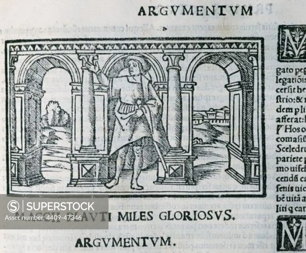 Titus Maccius Plautus (250-184). Latin playwright. Miles Gloriosus. Plot. Engraving. 1518.