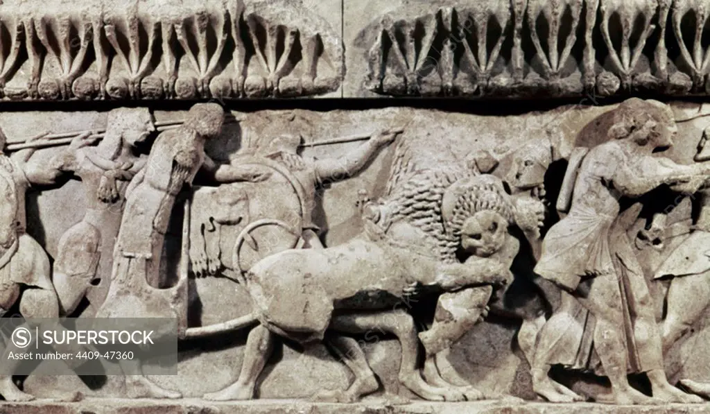 Treasury of Siphnos (525 B.C.). Detail from the north frieze that depicts the battle between gods and giants. Delphi Archaeological Museum. Greece.