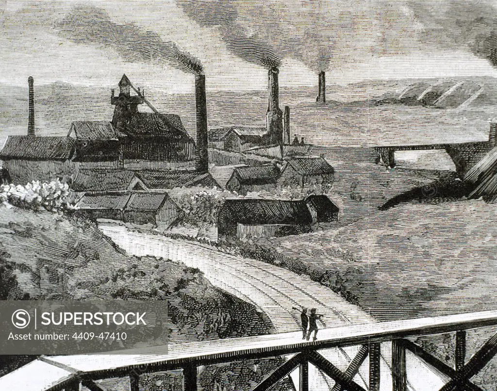 Coal mining. Herscheuse Mining. Quaregnon County. Belgium. Engraving from 1884.
