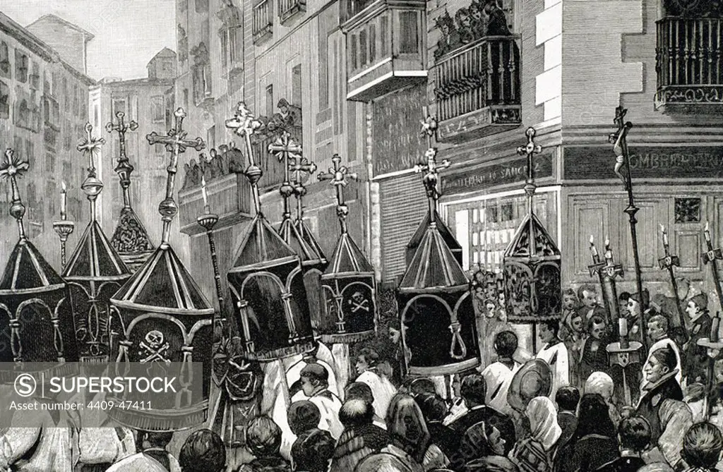 Miguel Paya Rico (1811-1891). Spanish Cardinal. Funeral of Cardinal Paya. Arrival of the funeral procession to the Zocodover square. Toledo. Spain. Engraving by Rico.