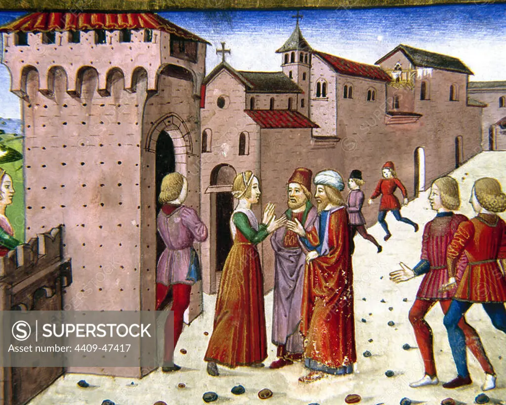 Jesus speaks with a Samaritan in Sychar, Samaria. Codex of Predis (1476). Royal Library. Turin. Italy.