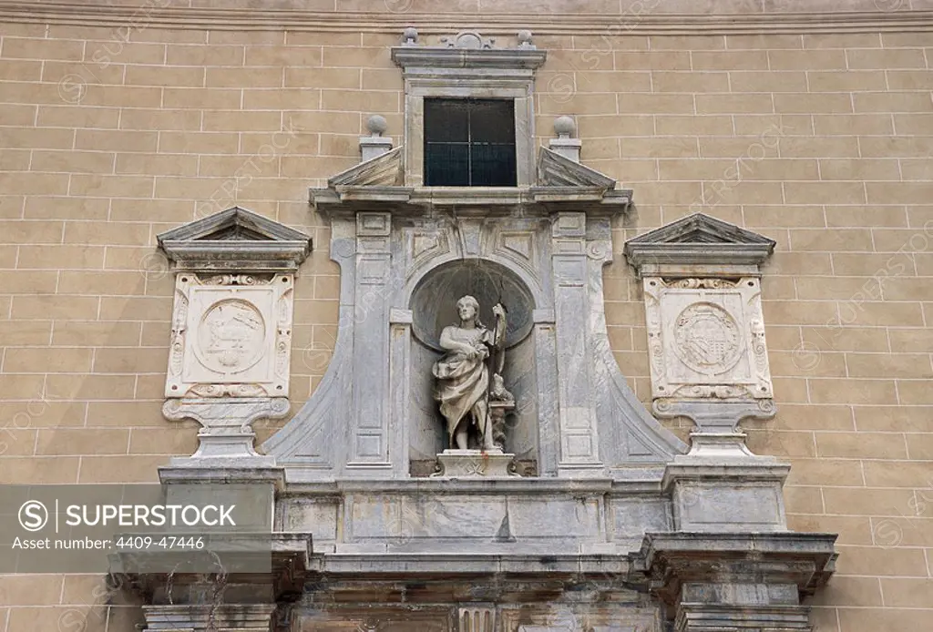 Renaissance art. Spain. Cathedral of St. John. Niche with the image of St. John the Baptist. Main entrance reformed in the sixteenth century, Renaissance style. Badajoz.