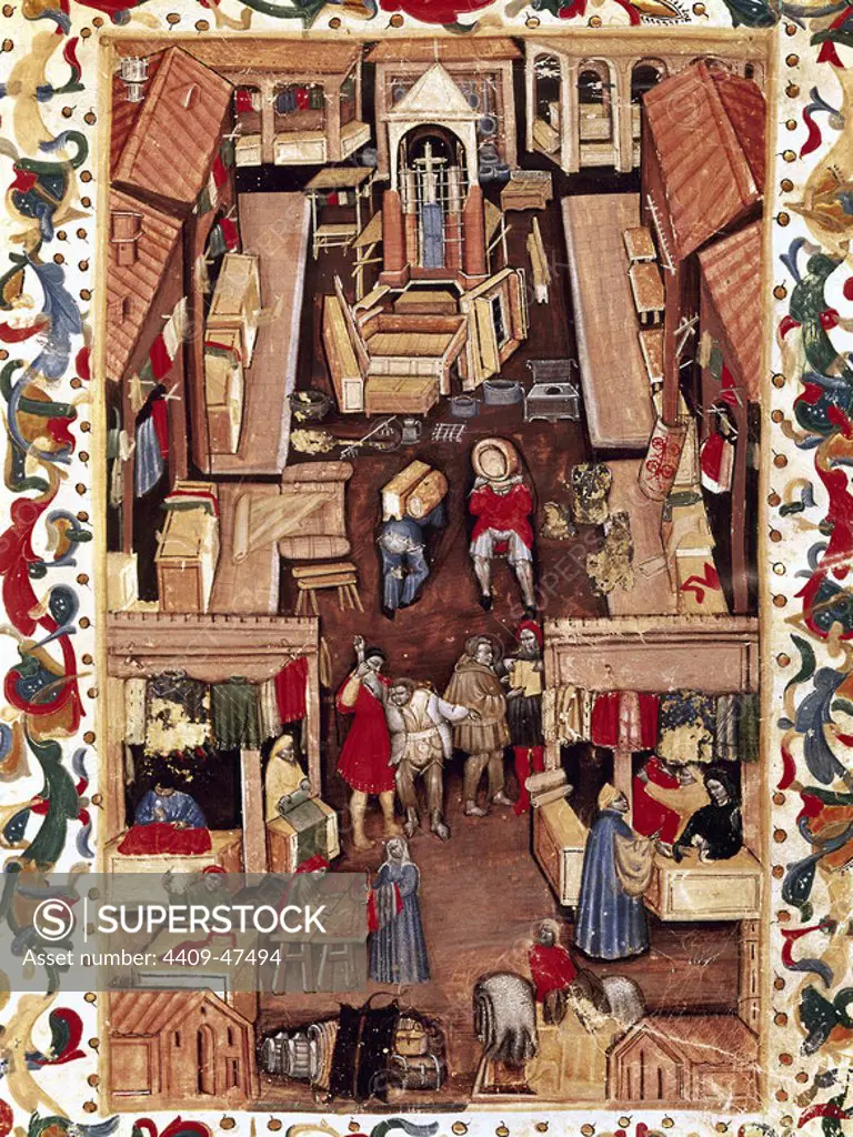 Market in the Gate of Ravenna in Bologna. Street traders. Frontispiece of codex "Marticola dei Mercanti", 1470. Museo Civico. Bologna. Italy.