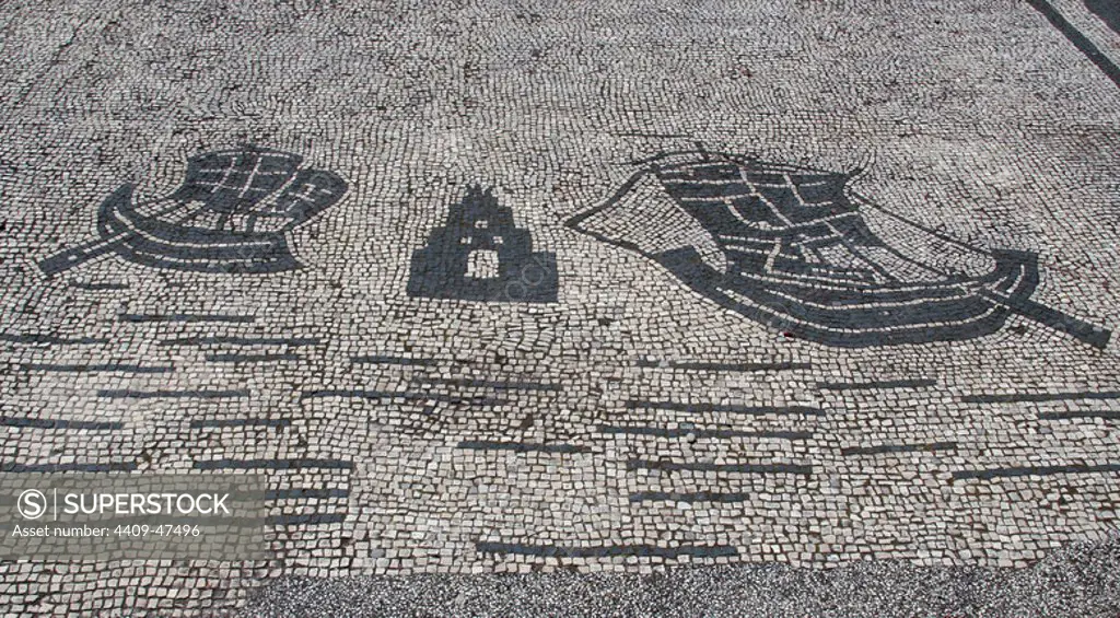 Roman mosaic. Commercial boats and lighthouse. From the Forum of the Corporations or Piazza delle Corporazione. Ostia Antica. Italy.