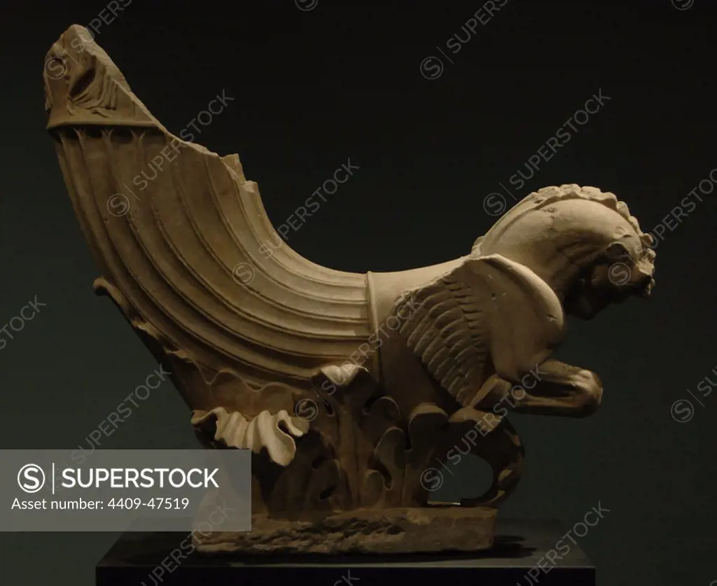 Vessel in form of griffin and horn. Found in Via Tiburtina. Penthelic marble. 1st century BD. Roman National Museum. Palazzo Massimo. Rome. Italy.