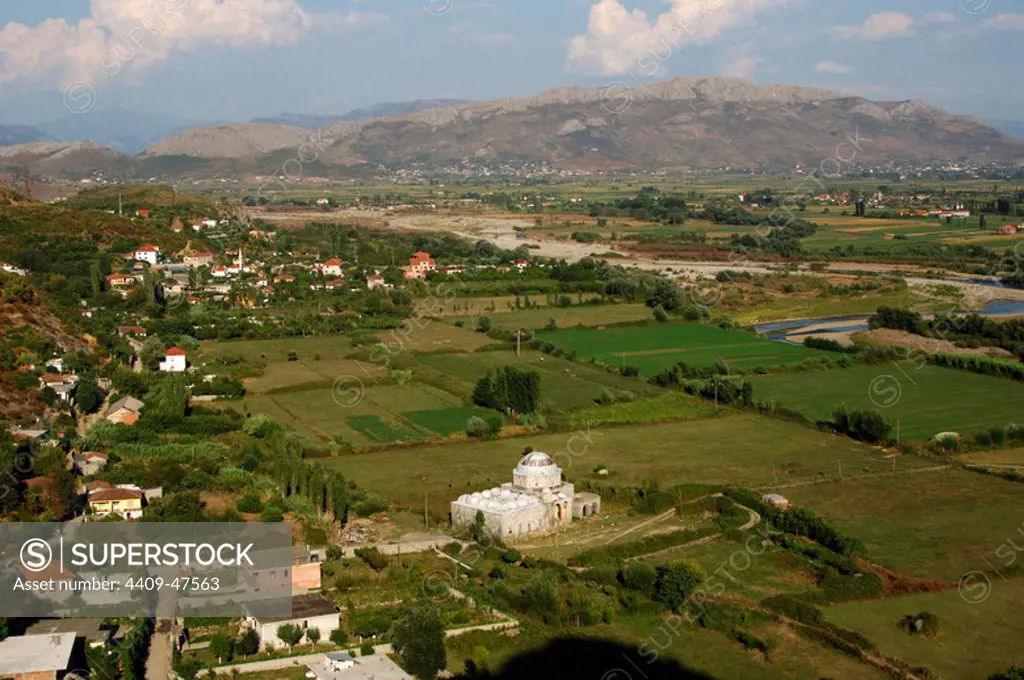 Agricultural landscape around Shkodra with the Leaden Mosque in the foreground. Republic of Albania.