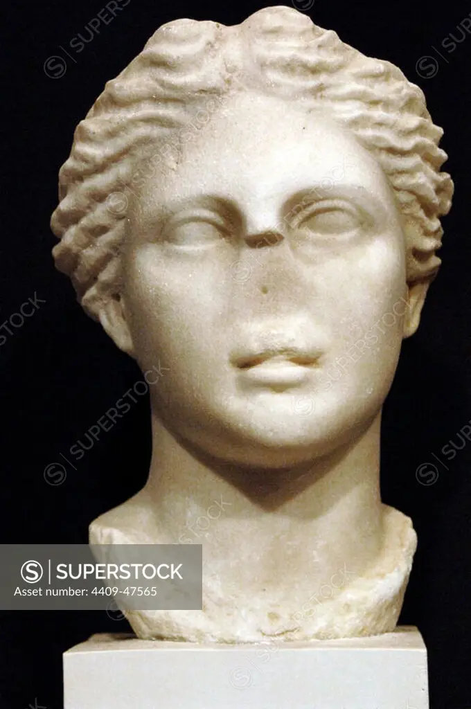 GREEK ART. REPUBLIC OF ALBANIA. Bust of Apollo. Found during the excavations of nymphaeum of Butrint. II century a.C. Ruins of Butrint Museum.