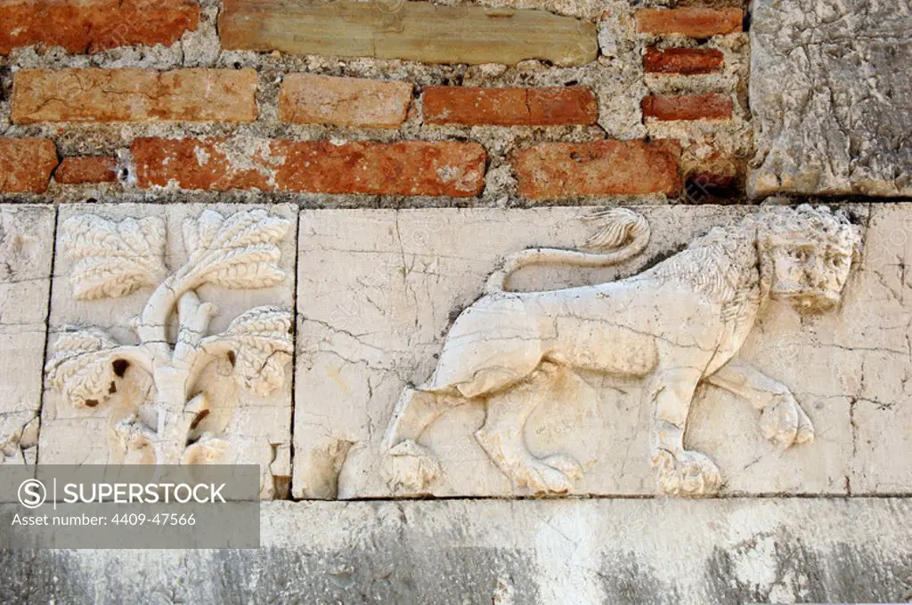 BYZANTINE ART. REPUBLIC OF ALBANIA. St. Nicholas Church, built in the XIII and remodeled in the eighteenth and nineteenth centuries. Relief with a lion and tree. Mesopotam.