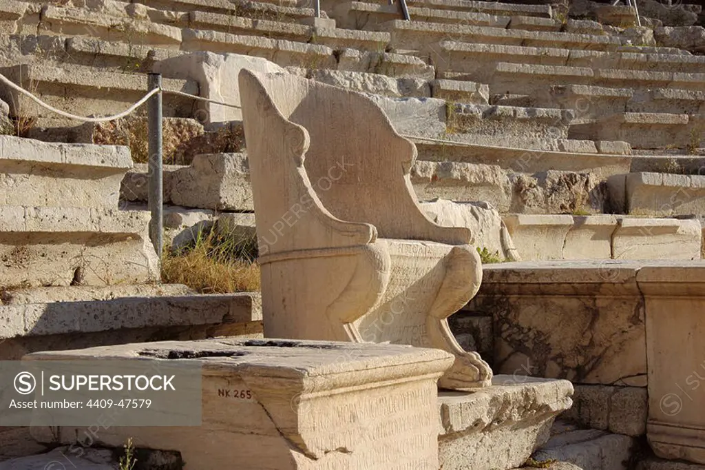 Greek Art. The Theatre of Dionysus. Built at he food of the Acropolis.( V B.C.). Seats of Honor. These seats were reserved for judges and digniaries, with their names carved in to their seats. Athens. Greece. Europe.