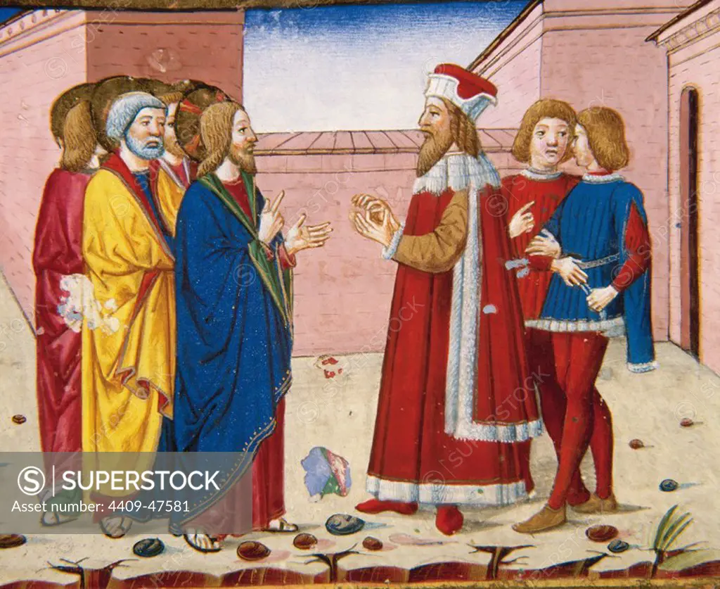 Nicodemus wise, Jew and Pharisee, visits to Jesus. Codex of Predis (1476). Royal Library. Turin. Italy.
