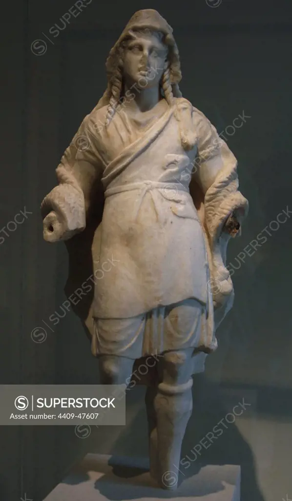 Greek Art. Early Hellenistic. Marble statuette of Dionysos. 3rd century BC. Dressed with chiton, leather belt panther, goat skin as a cape and Thracian boots. Comes from Koukouvaones (Attica). Metropolitan Museum of Art. New York. United States.