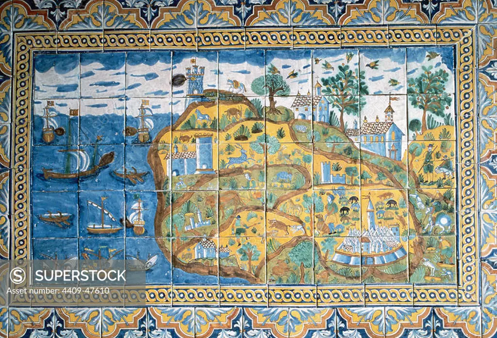 ISLA DE MALLORCA, posiblemente vista desde el puerto de Alcudia, representada en un conjunto anónimo de azulejos policromados del s, XVII (87 x 147 cms). Procede de la CAPILLA DE LOS REYES, en el CLAUSTRO DEL MONASTERIO DE PEDRALBES (primer piso, ala oeste). Museo del Monasterio de Pedralbes. Barcelona.