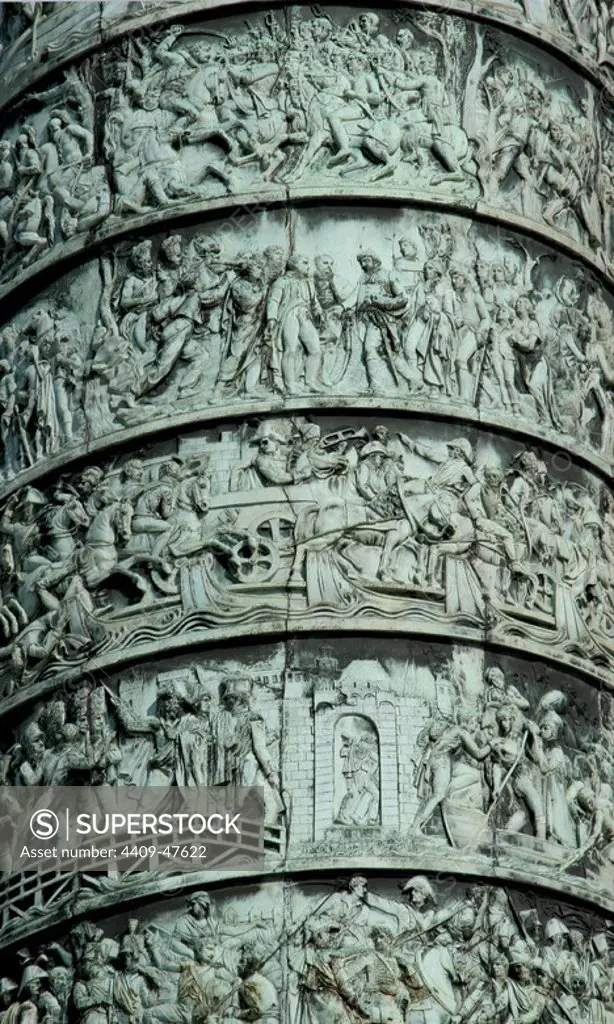 Paris. Column Vendome erected by Napoleon Bonaparte to conmemorate the Battle of Austerlitz. Vendome Square. Detail reliefs. France. Europe.