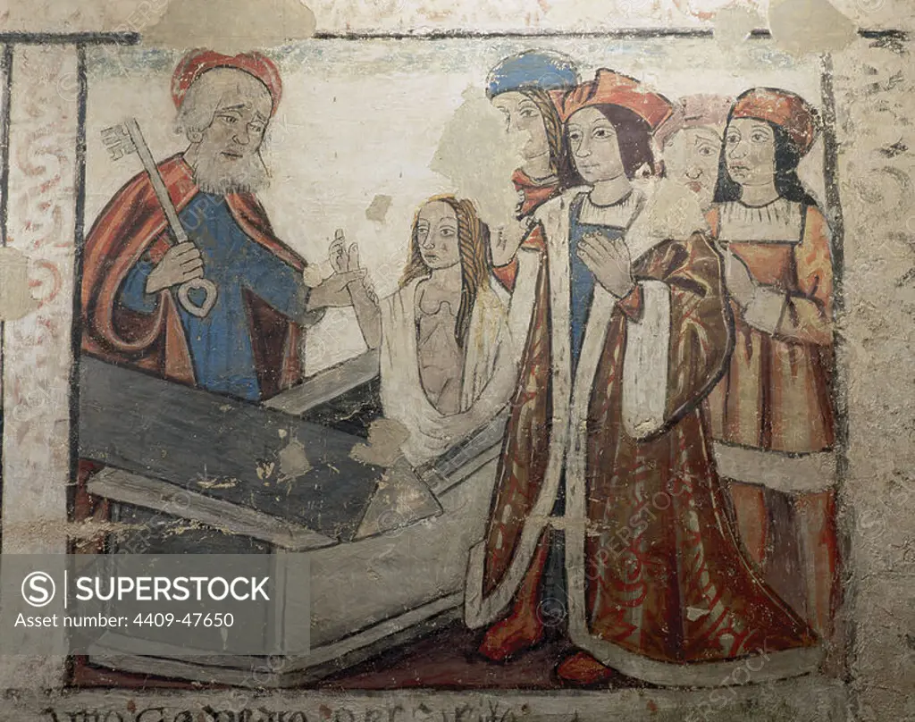 SCENES FROM THE LIFE OF SAINT PETER. Mural painting from the fourteenth century. depicting Jesus resurrected forgiving Saint Peter. Central nave of the MondoO`edo Cathedral. Province of Lugo. Galicia. Spain.