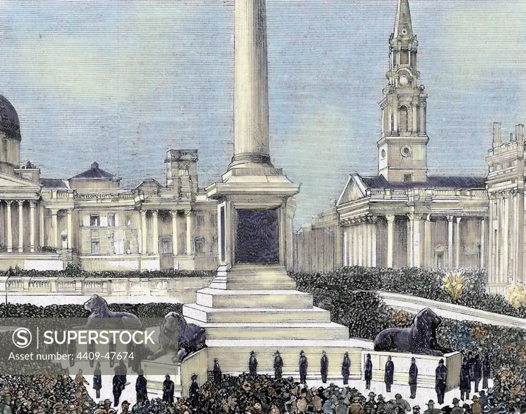 Meeting of workers unemployed in Trafalgar Square. London. United Kingdom. Engraving by Rico in "The Spanish and American Illustration," 1886. Coloured.