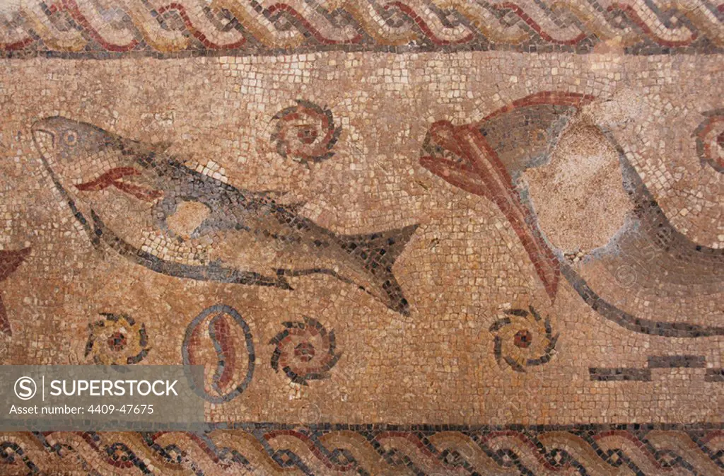 Ruins of Milreu. Roman Villa (1st - 4th century A.D.). Mosaic detail. Estoi, near Faro. Algarve. Portugal.