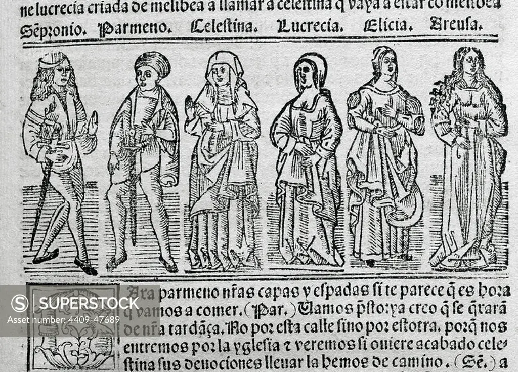 The Celestina or Tragicomedy of Calisto and Melibea (1499). By Fernando de Rojas (ca.1465-1541). Engraving depicting the characters Sempronio, Parmeno, Celestina, Lucrecia, Elicia and Areusa. From the edition printed in Burgos in 1531. Spain. Library of Catalonia. Barcelona, Spain.