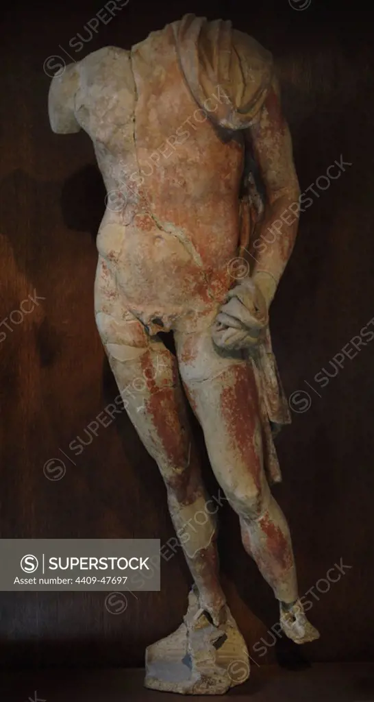 Etruscan Art. Italy. Terracotta pedimental decoration in high relief from Tivoli. Fragmentary figure. Late 4 th - 3rd. Century B.C. Gregorian Etruscan Museum. Vatican Museums. Vatican City.