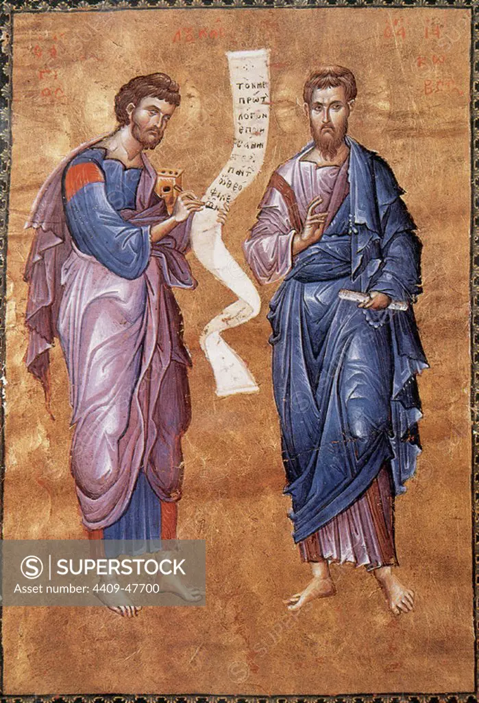 New Testament. The apostle James and St. Luke writing the Gospel. Miniature of the 13th century. Vatican Apostolic Library.