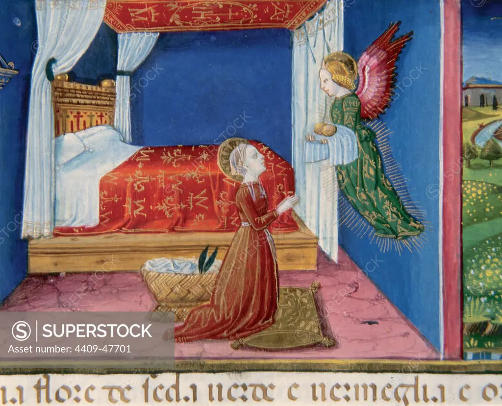 An Angel visits Mary. Codex of Predis (1476). Royal Library. Turin. Italy.