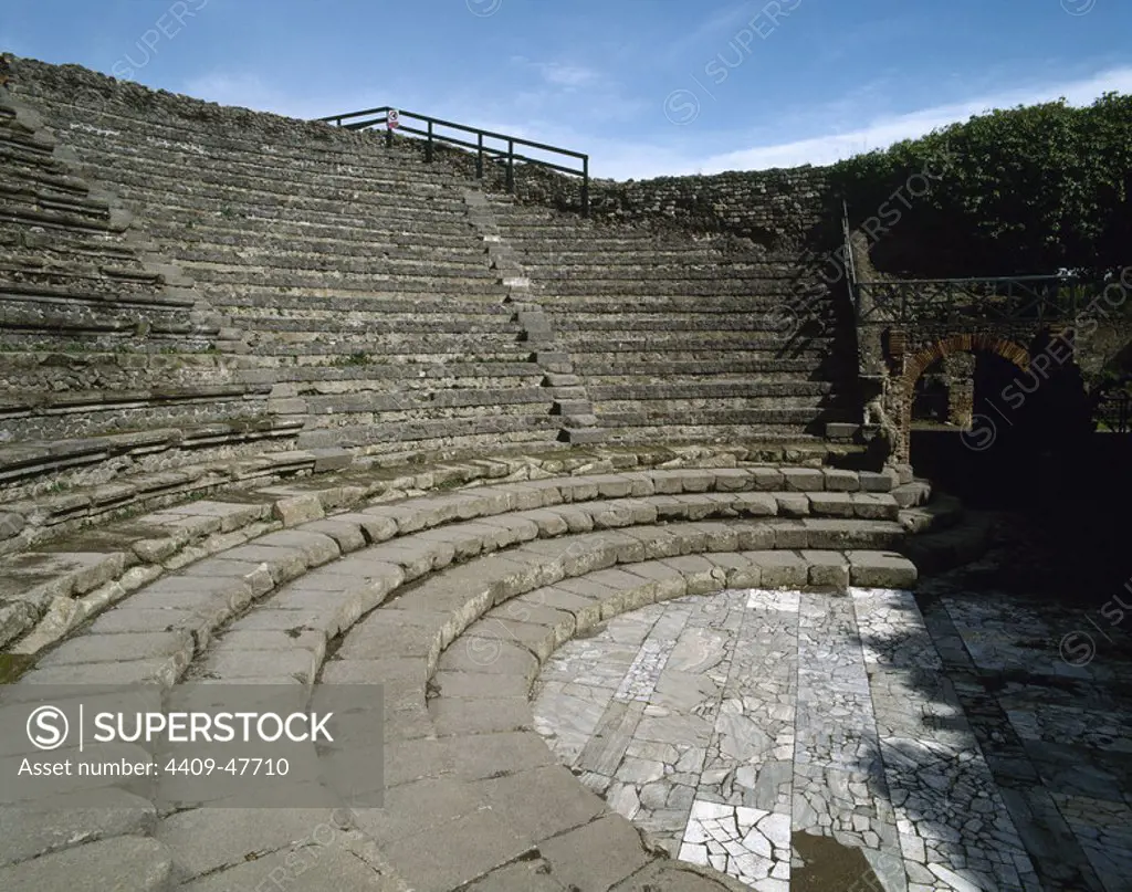 Italy. Pompeii. Small Theatre or odeon. 1st century B.C. It shows the typical design of the Greek theatre with its structure embanked in the natural slope of the terrain.
