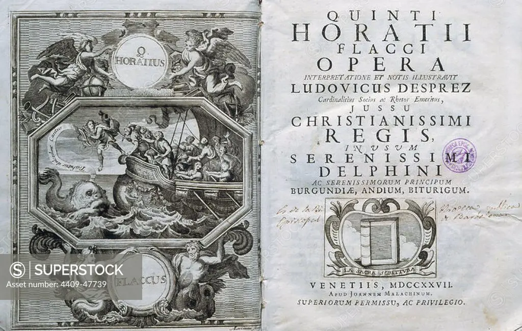 QUINTO HORACIO FLACO (65 aC-8 aC). Poeta latino. S. I aC. "OPERA". Frontispicio edición en latín. Venecia, año 1727. S. XVIII.