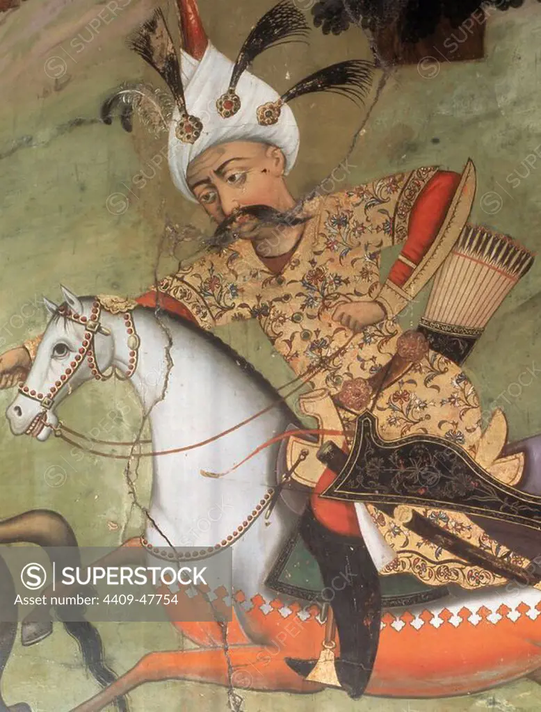 Abbas I the Great (1571-1629). Shah of the Safavid dynasty. He fought against the Ottomans and conquered part of their territory. In this period we tried to create an anti-Turkish alliance with Persia. XVII-century mural painting. Sutun Chihil Palace. Isfahan. Iran.
